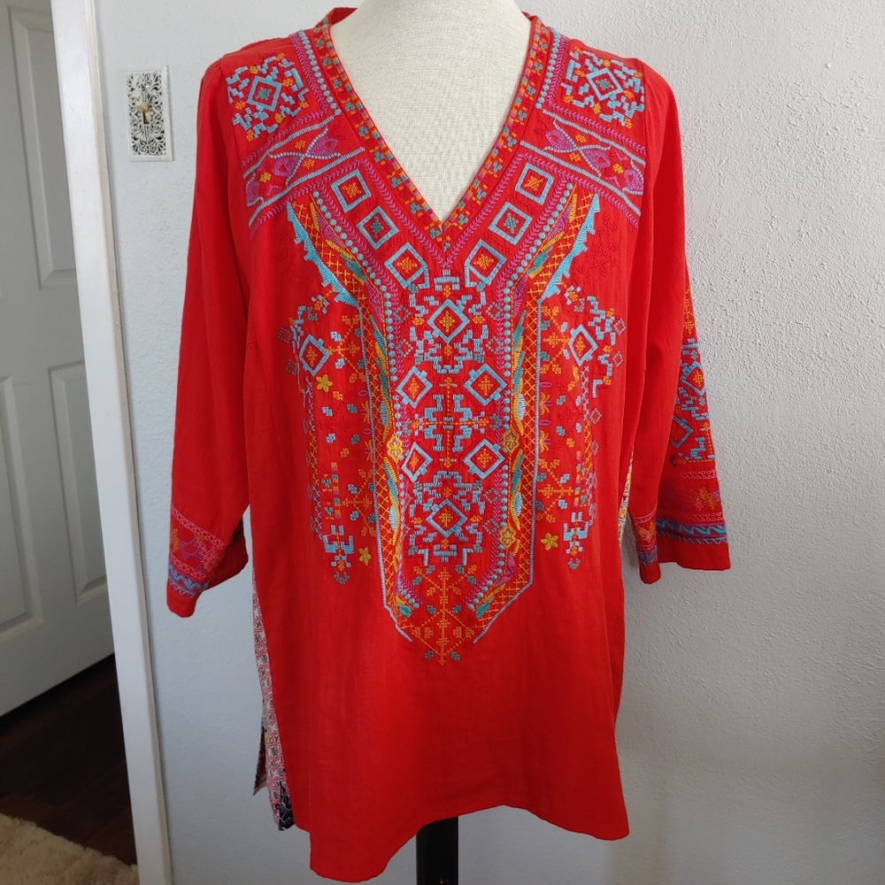 100% Cotton Embroidered Tunic 3/4 Sleeve 1X